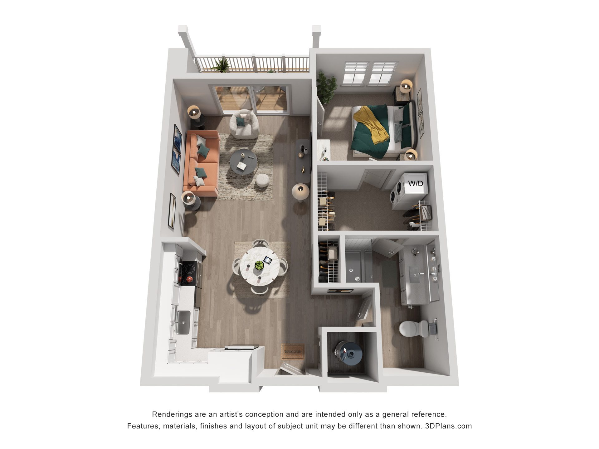 Floor plan for 1 bed, 1 bath, 890 sqft